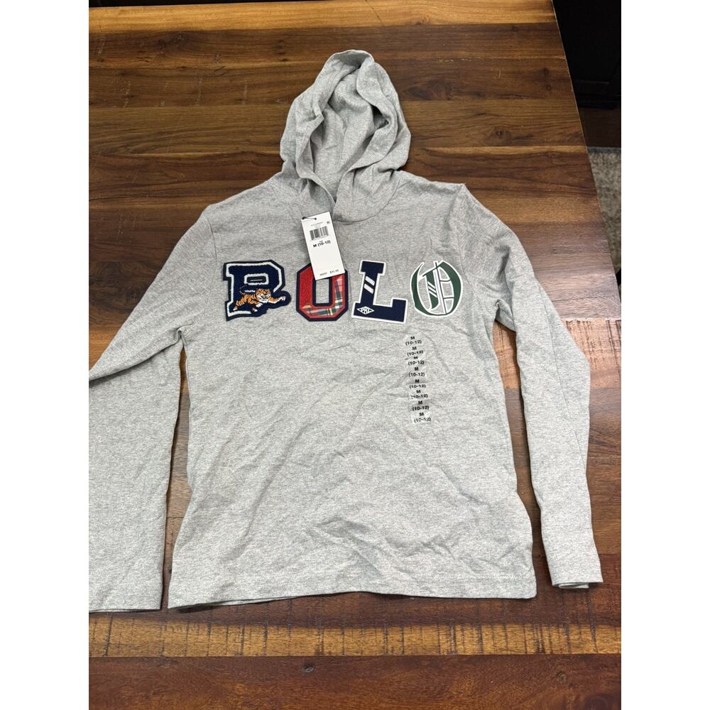 Polo Ralph Lauren Hoodie Shirt Boys M (10-12) Jersey Hooded Spell Out Patch